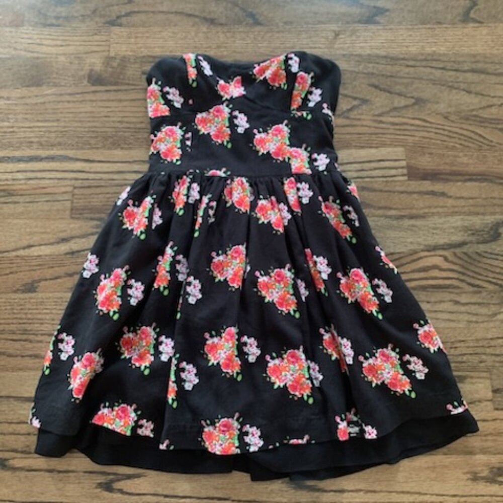 Superdry Black Floral Strapless Smocked Dress Size S